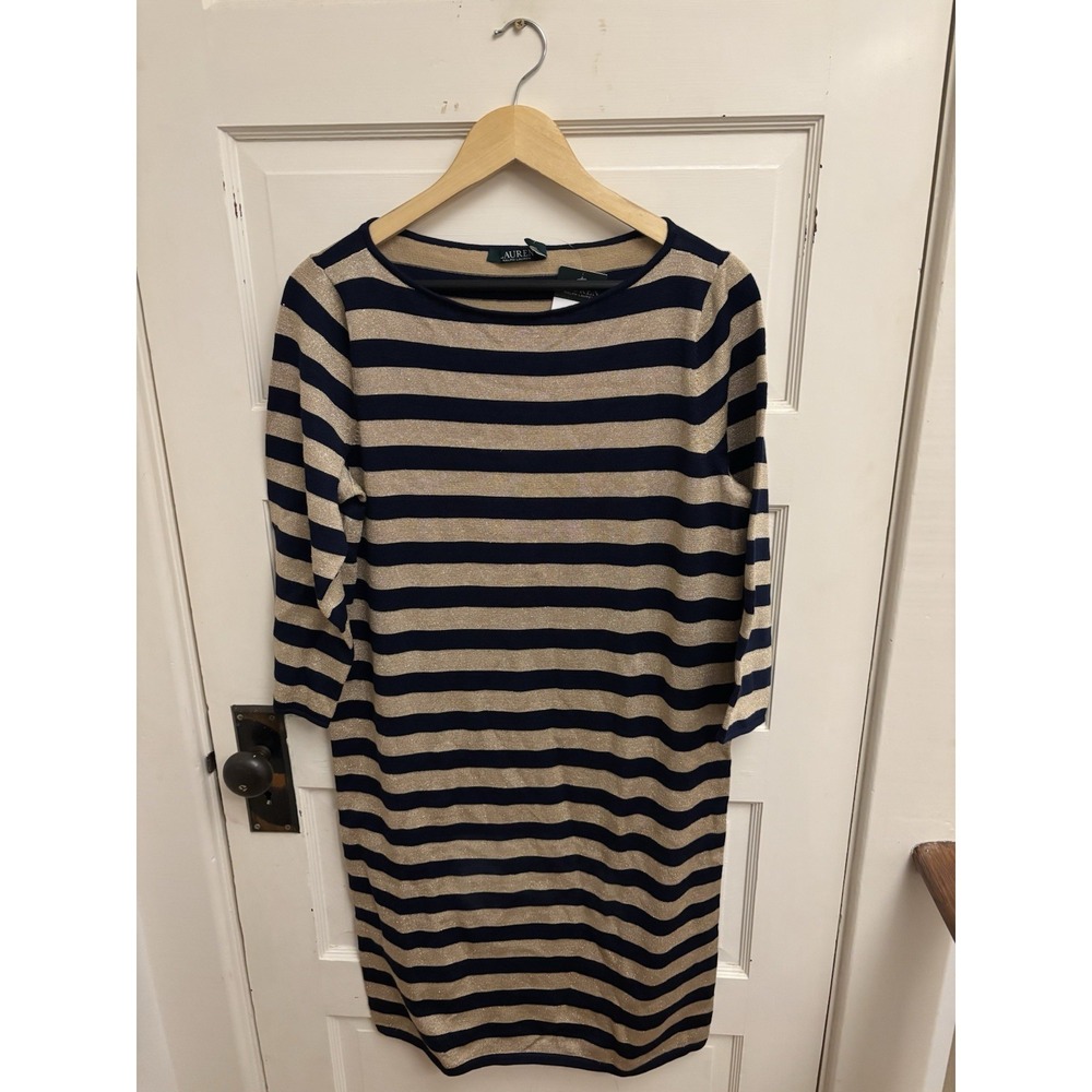 LAUREN Ralph Lauren Women's Navy Gold Metallic Striped Sweater Dress L New‎ $135